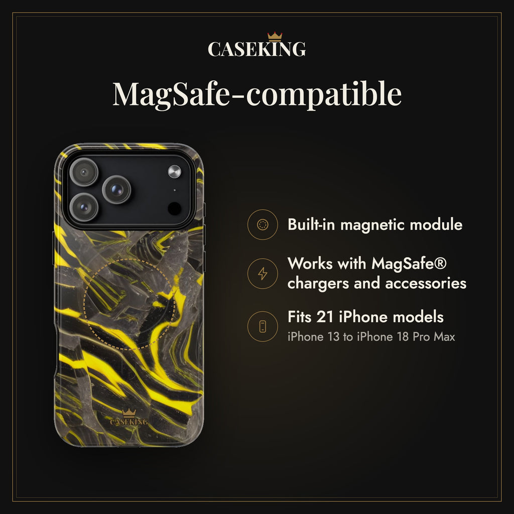 Black & Yellow Marble MagSafe-compatible tough case infographic 2: MagSafe-compatible