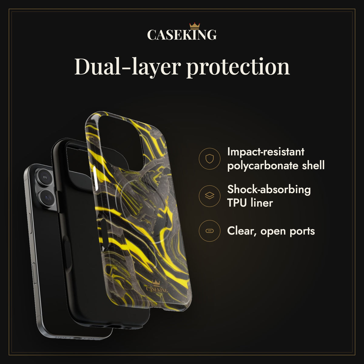 Black & Yellow Marble MagSafe-compatible tough case infographic 3: Dual-layer protection