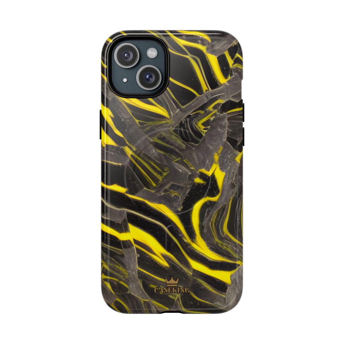 Black & Yellow Marble MagSafe-compatible tough case on iPhone 15 Plus, glossy finish
