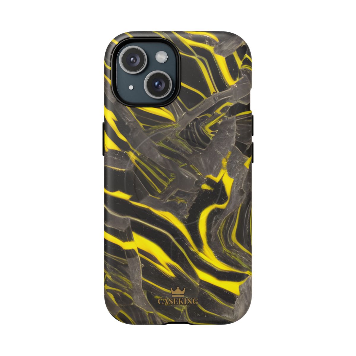 Black & Yellow Marble MagSafe-compatible tough case on iPhone 15, matte finish
