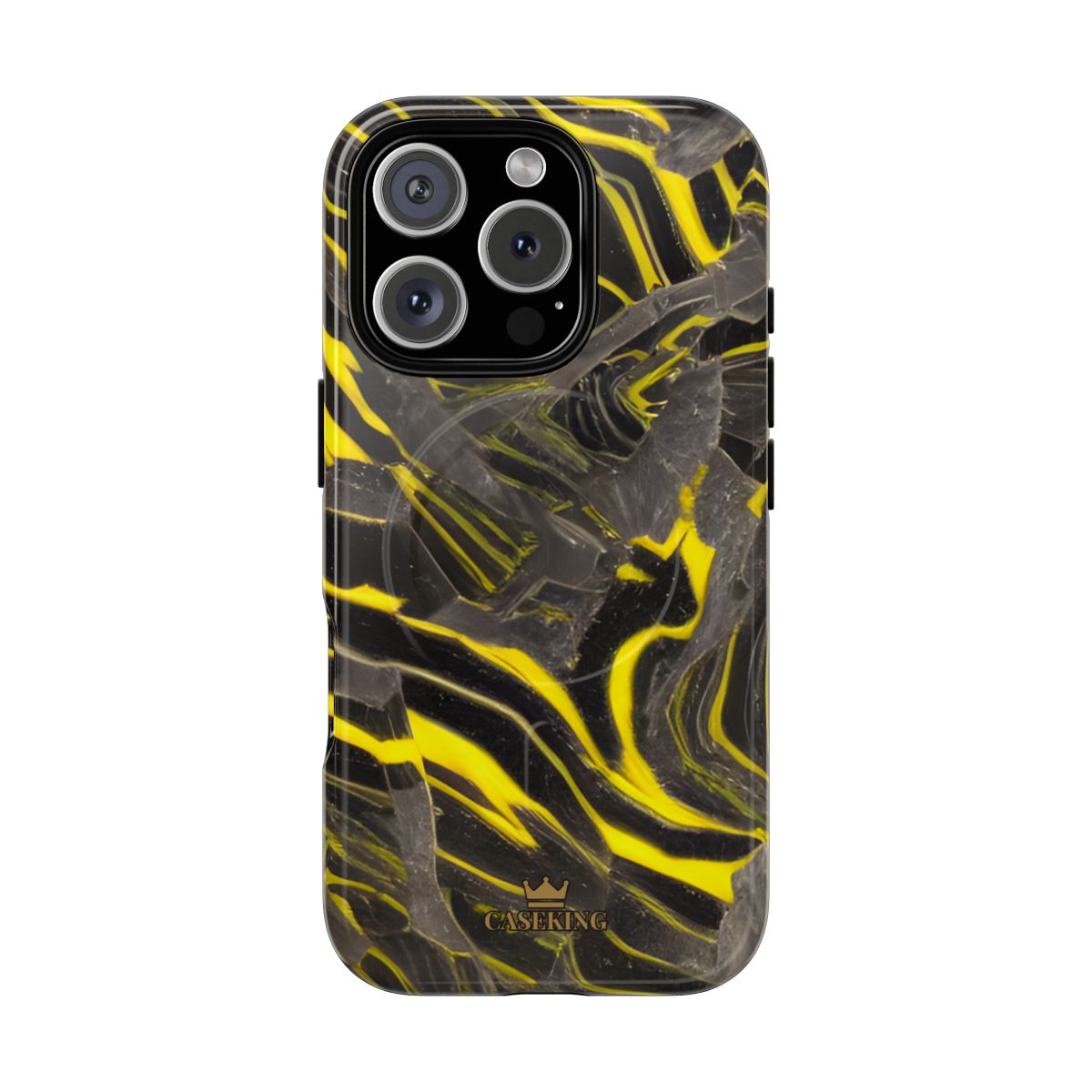 Black & Yellow Marble MagSafe-compatible tough case on iPhone 16 Pro, glossy finish
