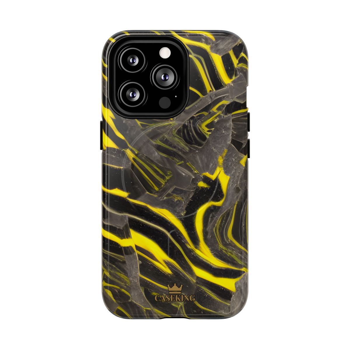 Black & Yellow Marble MagSafe-compatible tough case on iPhone 13 Pro, glossy finish