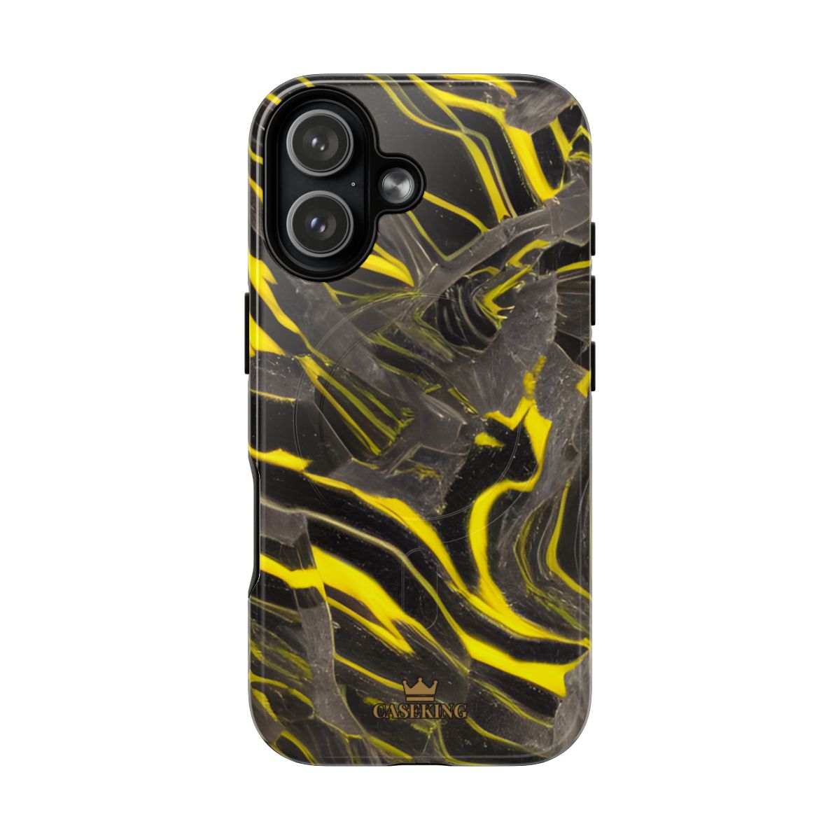 Black & Yellow Marble MagSafe-compatible tough case on iPhone 17, glossy finish