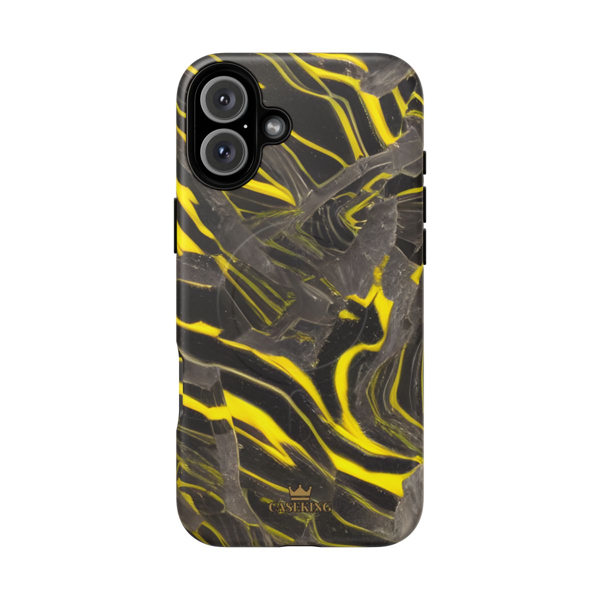 Black & Yellow Marble MagSafe-compatible tough case on iPhone 16 Plus, matte finish