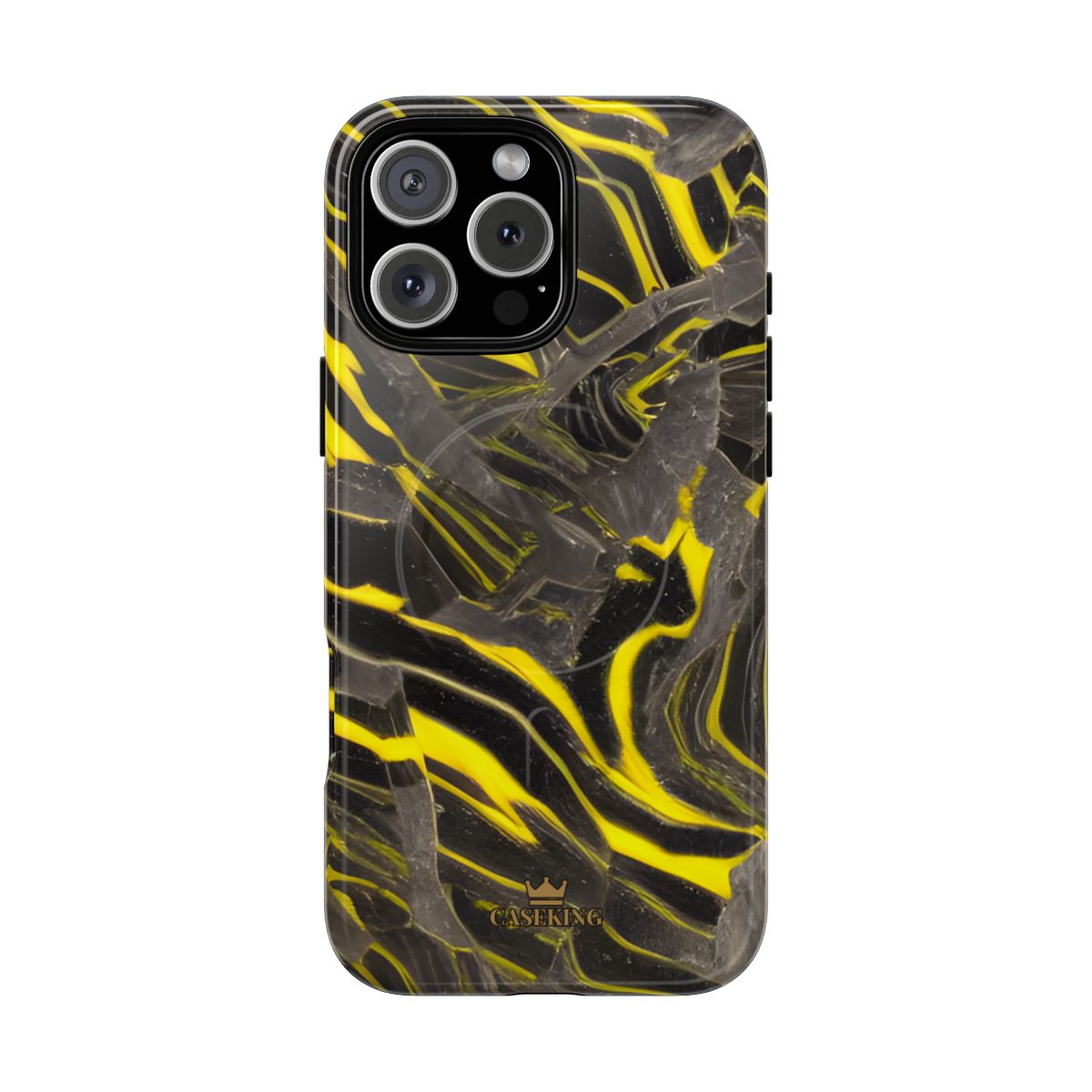 Black & Yellow Marble MagSafe-compatible tough case on iPhone 16 Pro Max, glossy finish