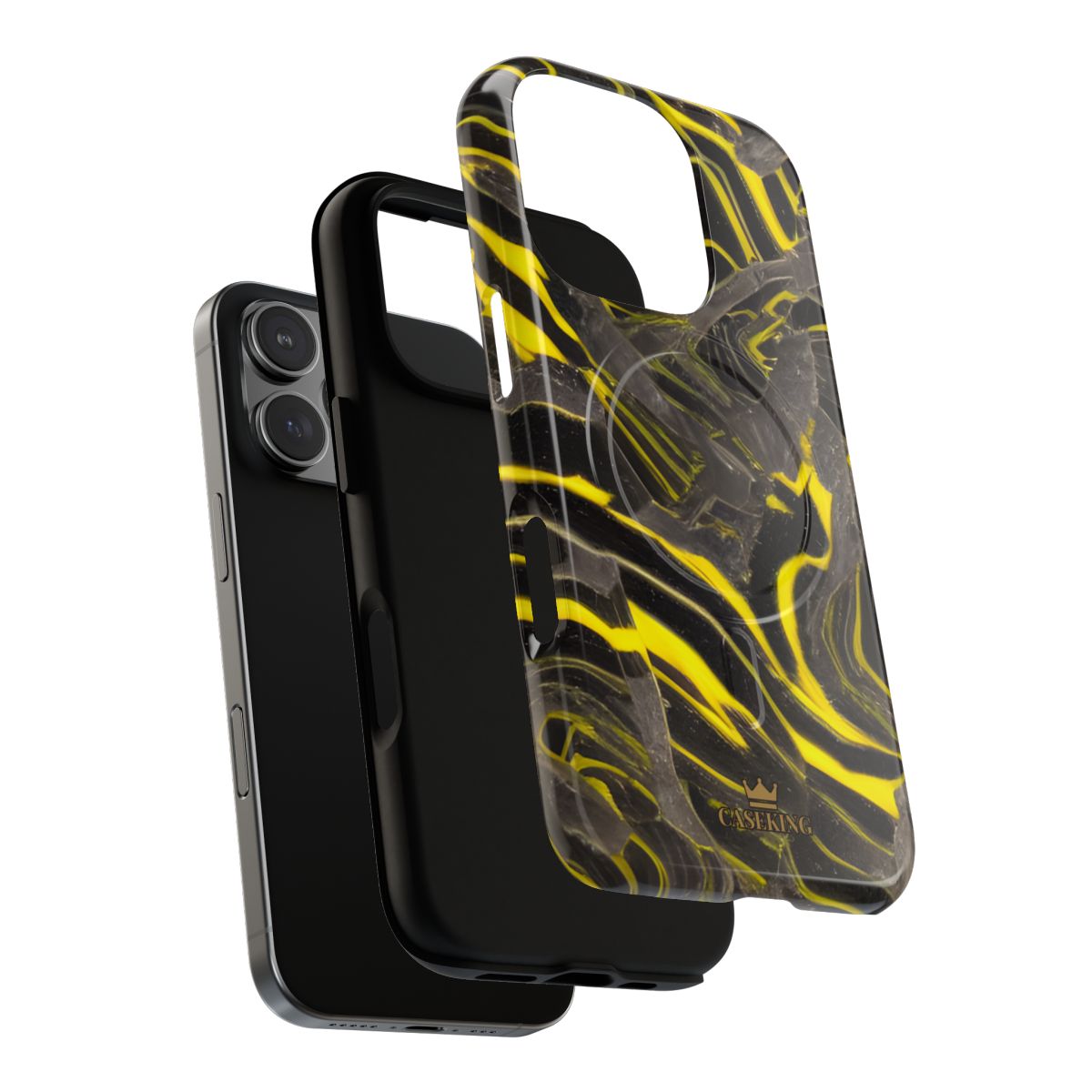 Black & Yellow Marble MagSafe-compatible tough case on iPhone 16 Pro, glossy finish (case layers)