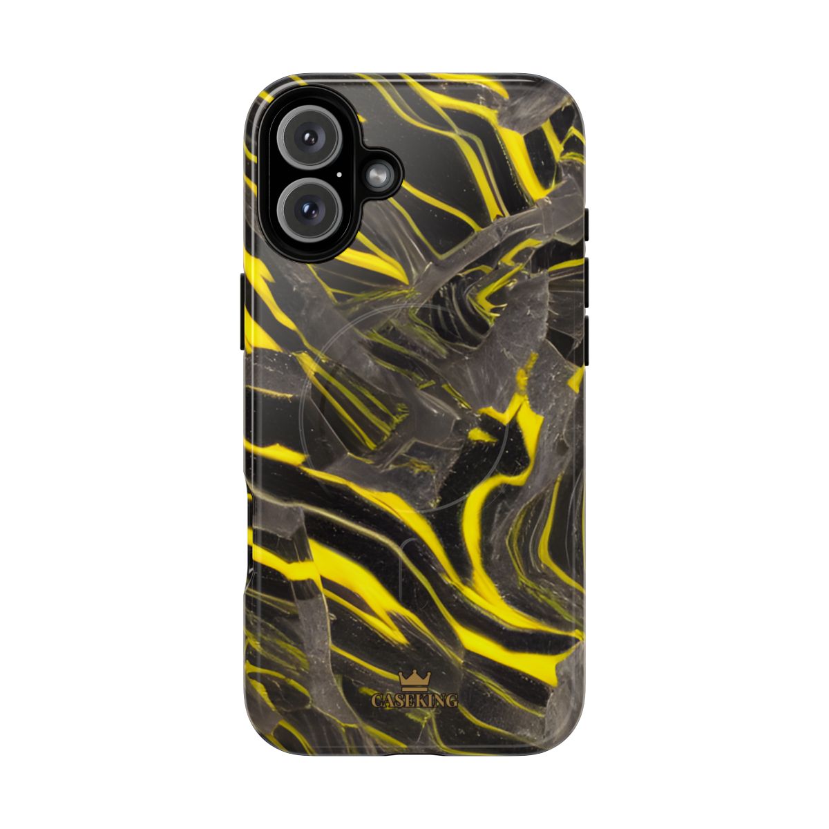 Black & Yellow Marble MagSafe-compatible tough case on iPhone 16 Plus, glossy finish