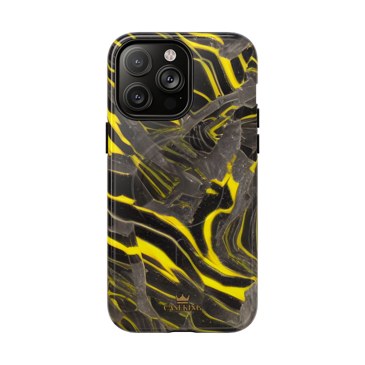 Black & Yellow Marble MagSafe-compatible tough case on iPhone 14 Pro Max, glossy finish