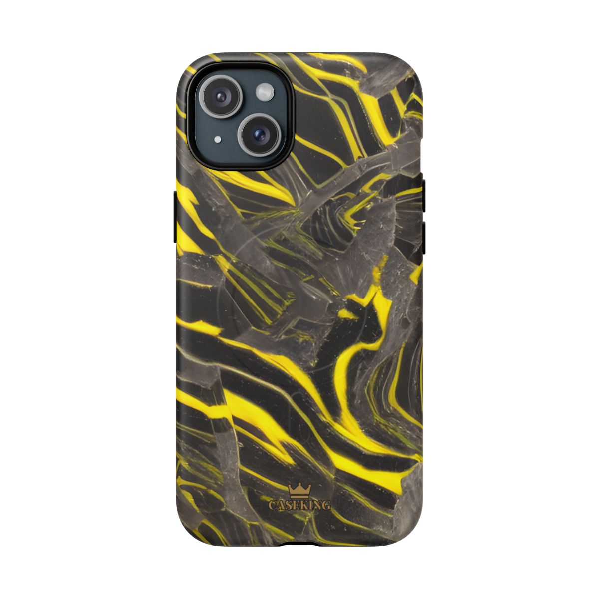 Black & Yellow Marble MagSafe-compatible tough case on iPhone 15 Plus, matte finish