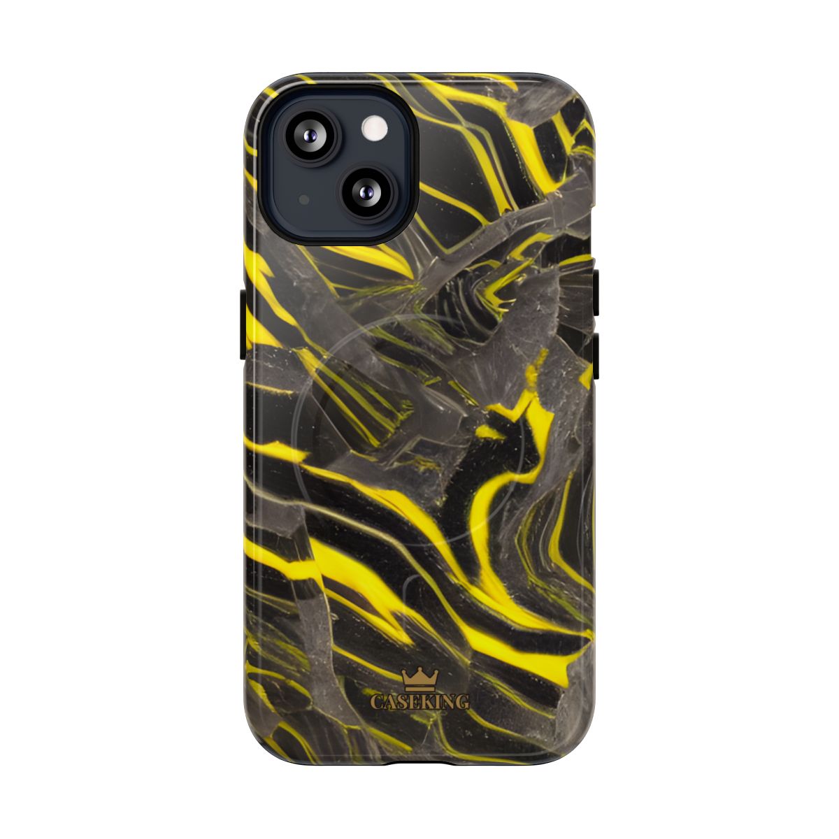 Black & Yellow Marble MagSafe-compatible tough case on iPhone 13, glossy finish