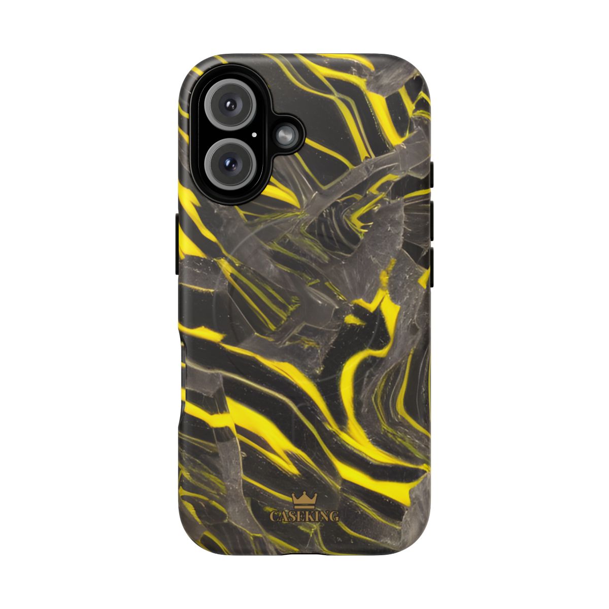 Black & Yellow Marble MagSafe-compatible tough case on iPhone 16, matte finish