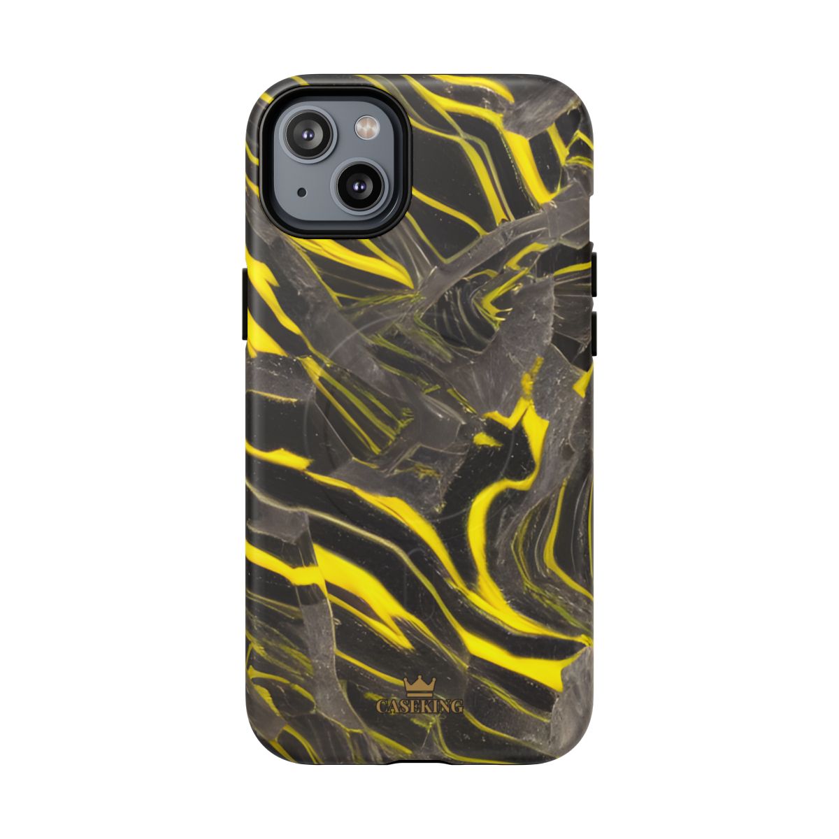 Black & Yellow Marble MagSafe-compatible tough case on iPhone 14 Plus, matte finish