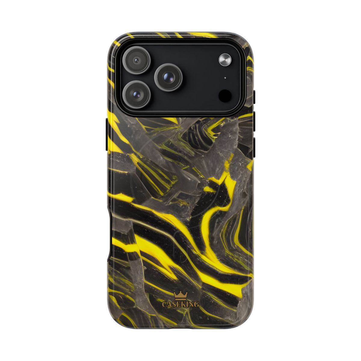 Black & Yellow Marble MagSafe-compatible tough case on iPhone 18 Pro Max, glossy finish