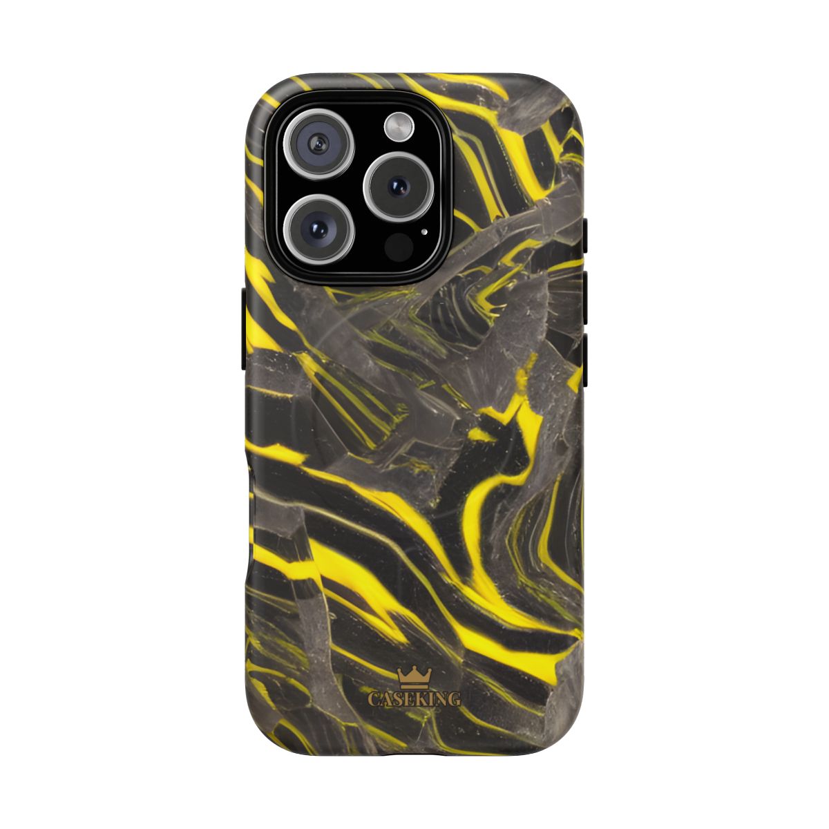 Black & Yellow Marble MagSafe-compatible tough case on iPhone 16 Pro, matte finish
