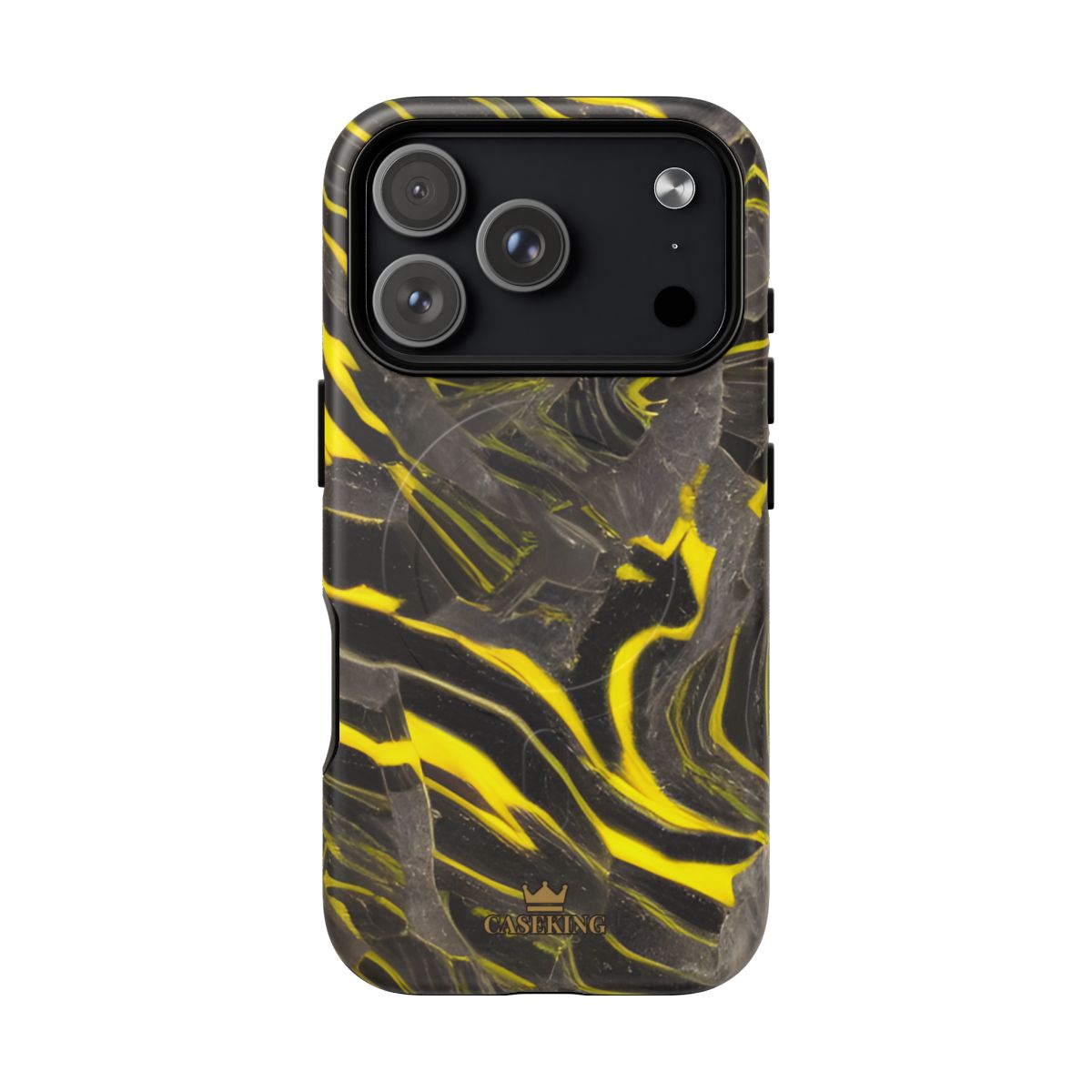 Black & Yellow Marble MagSafe-compatible tough case on iPhone 17 Pro, matte finish