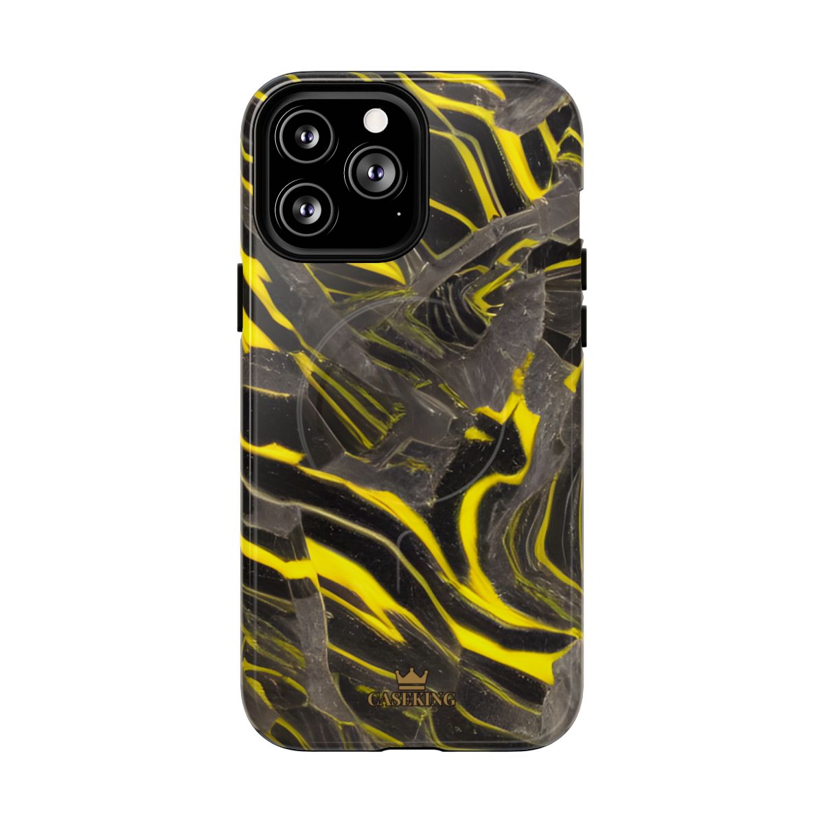 Black & Yellow Marble MagSafe-compatible tough case on iPhone 13 Pro Max, glossy finish