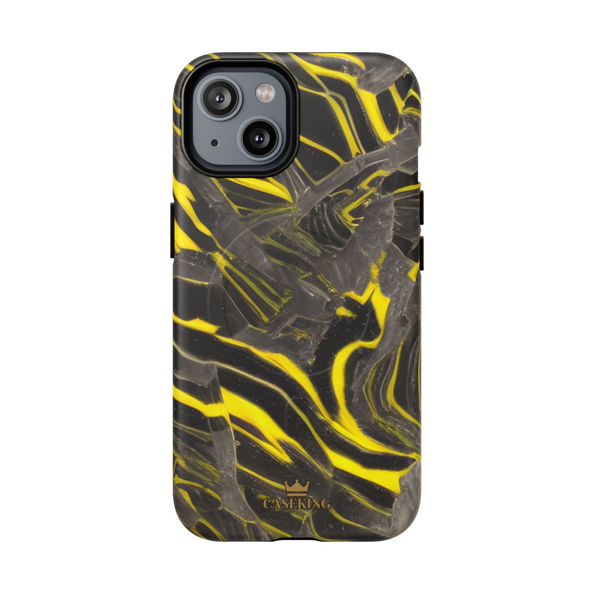 Black & Yellow Marble MagSafe-compatible tough case on iPhone 14, matte finish