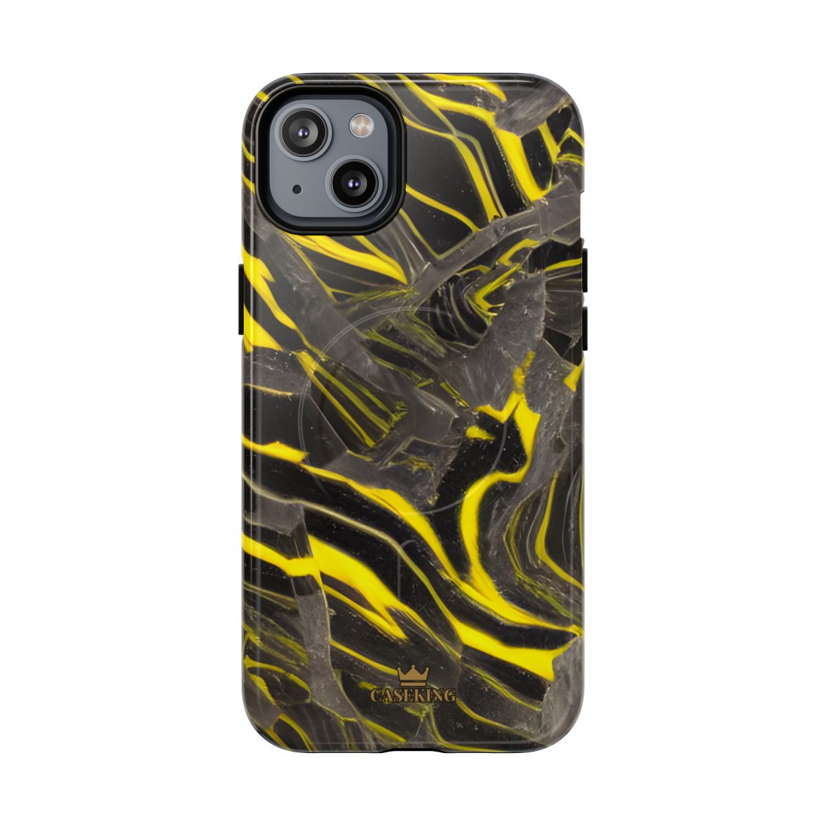 Black & Yellow Marble MagSafe-compatible tough case on iPhone 14 Plus, glossy finish