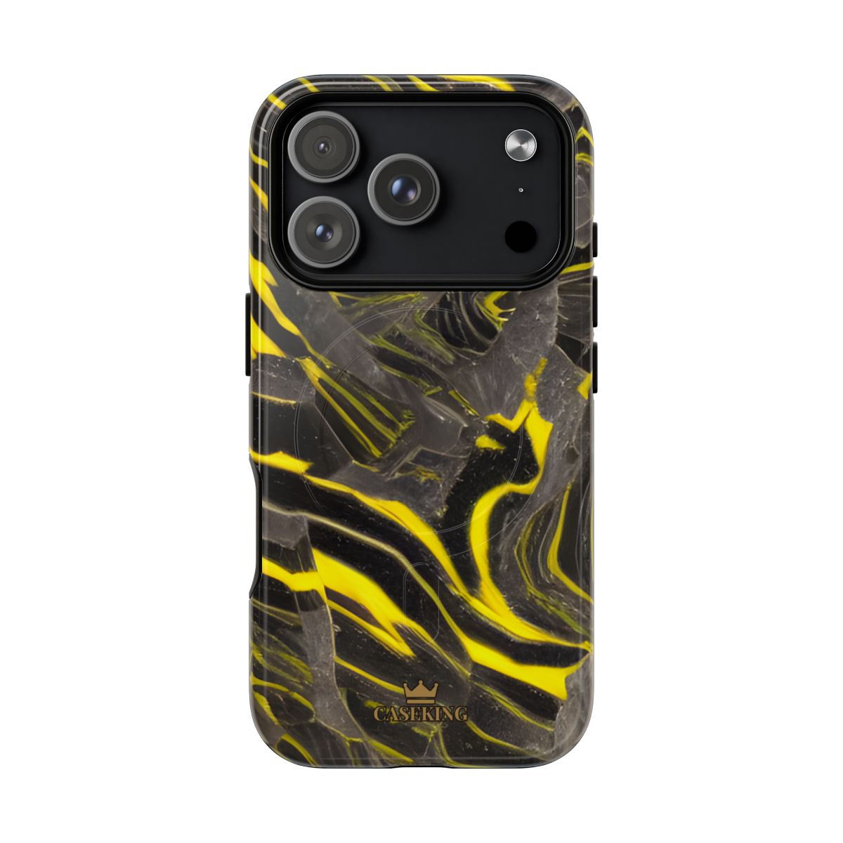Black & Yellow Marble MagSafe-compatible tough case on iPhone 18 Pro, glossy finish