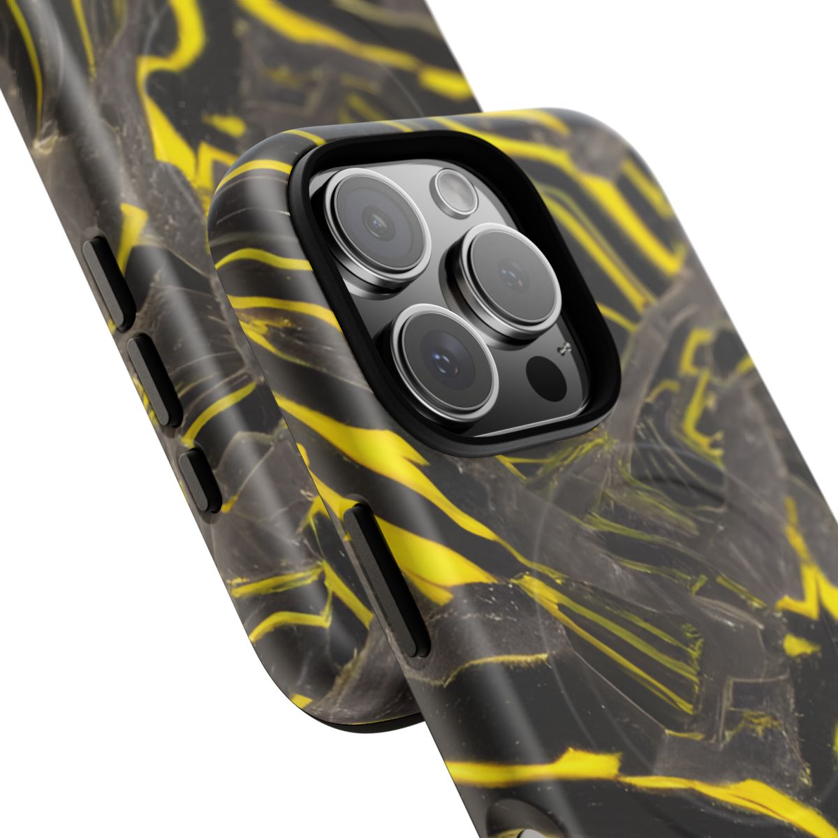 Black & Yellow Marble MagSafe-compatible tough case on iPhone 16 Pro, matte finish (close-up)