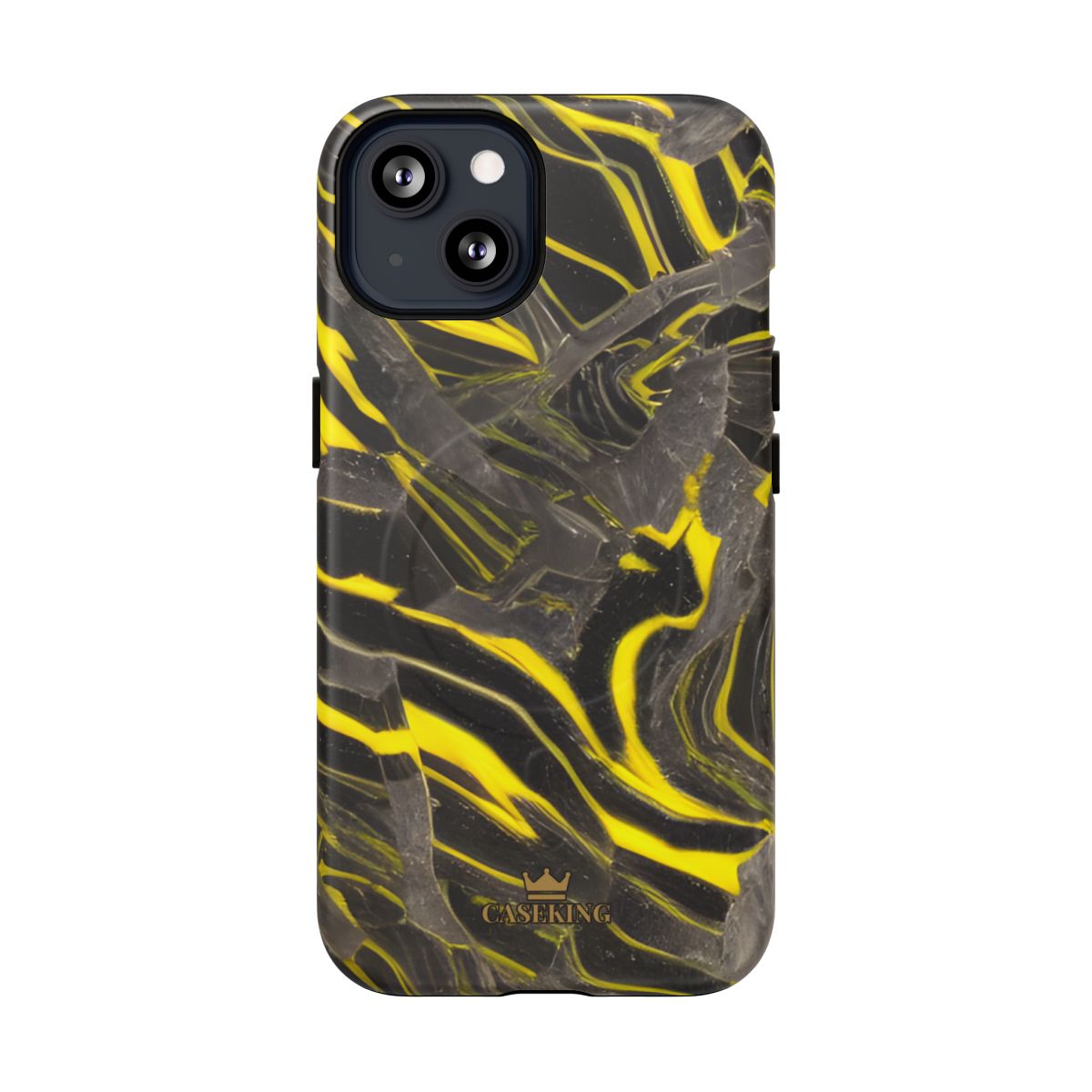 Black & Yellow Marble MagSafe-compatible tough case on iPhone 13, matte finish