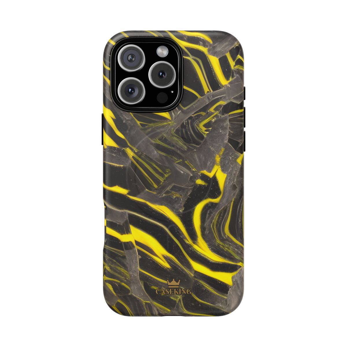 Black & Yellow Marble MagSafe-compatible tough case on iPhone 16 Pro Max, matte finish