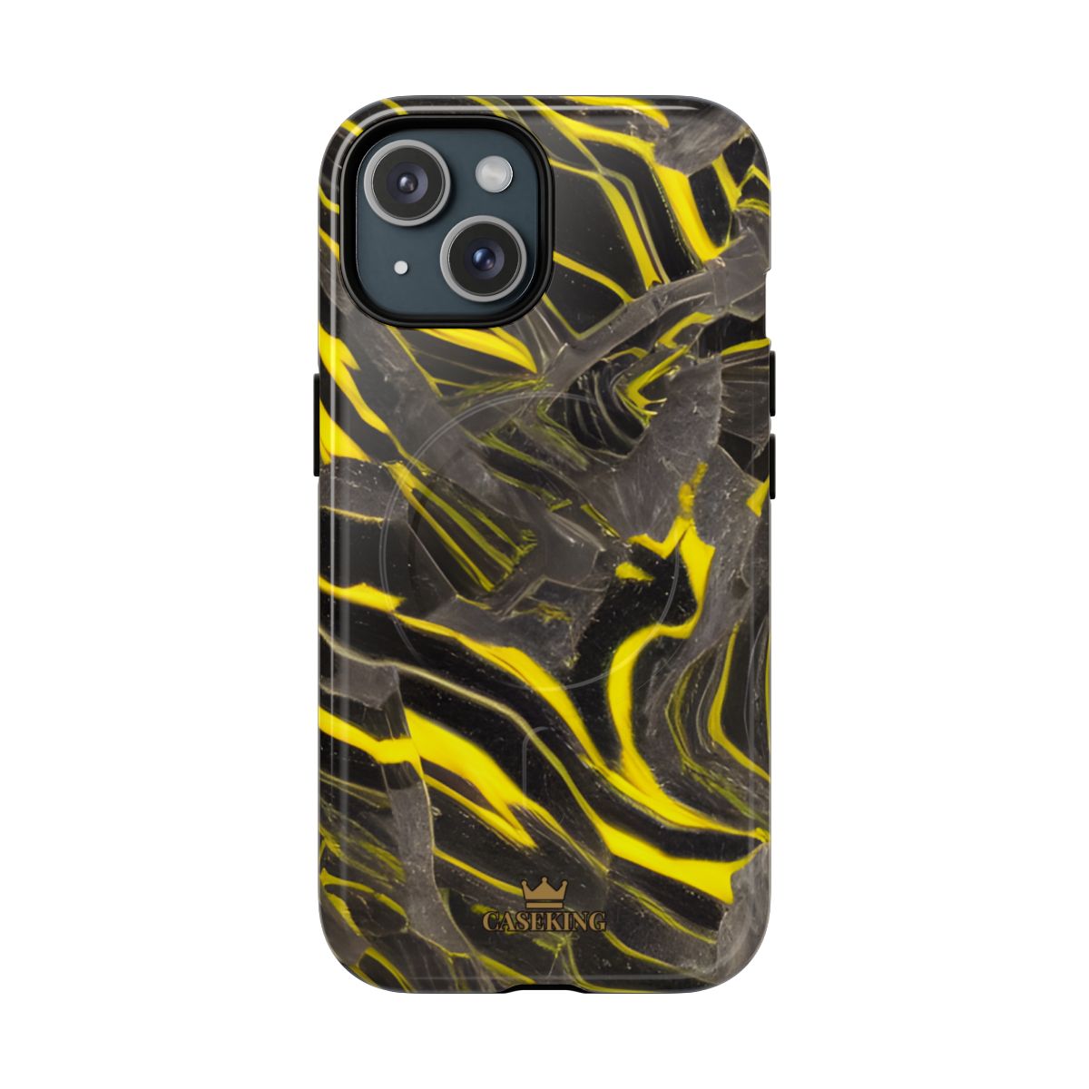 Black & Yellow Marble MagSafe-compatible tough case on iPhone 15, glossy finish
