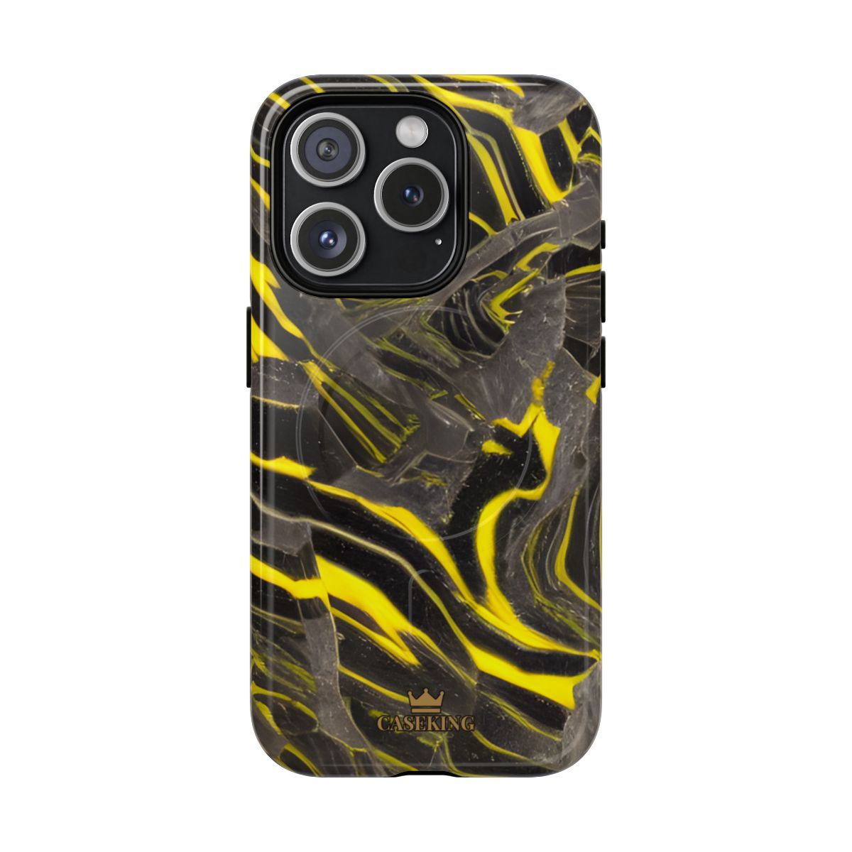 Black & Yellow Marble MagSafe-compatible tough case on iPhone 15 Pro, glossy finish
