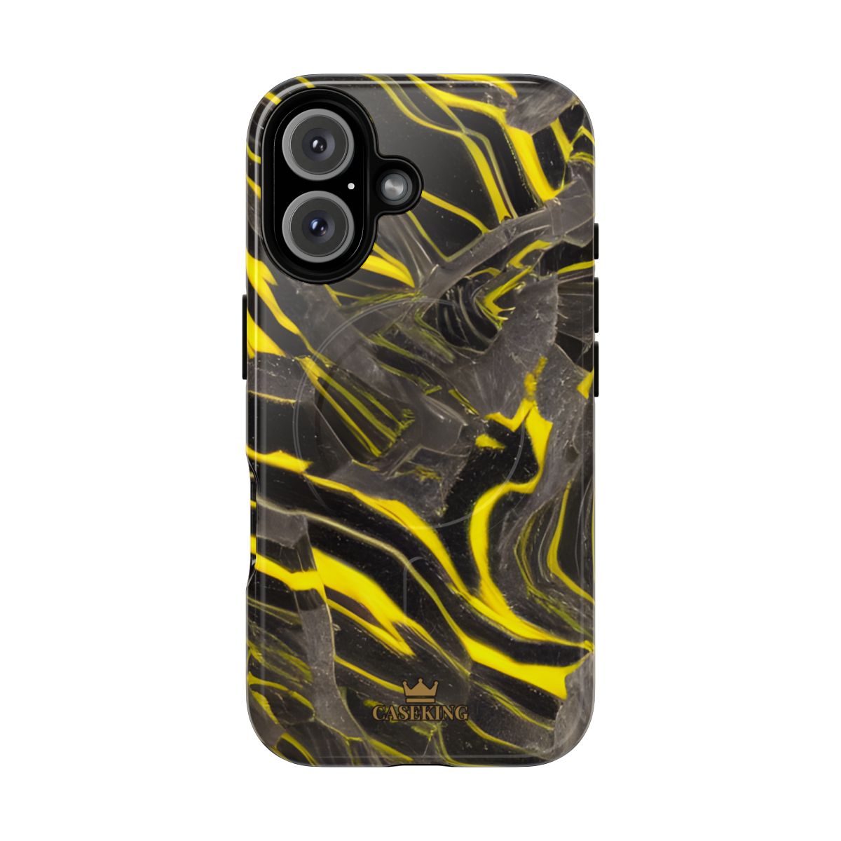 Black & Yellow Marble MagSafe-compatible tough case on iPhone 16, glossy finish
