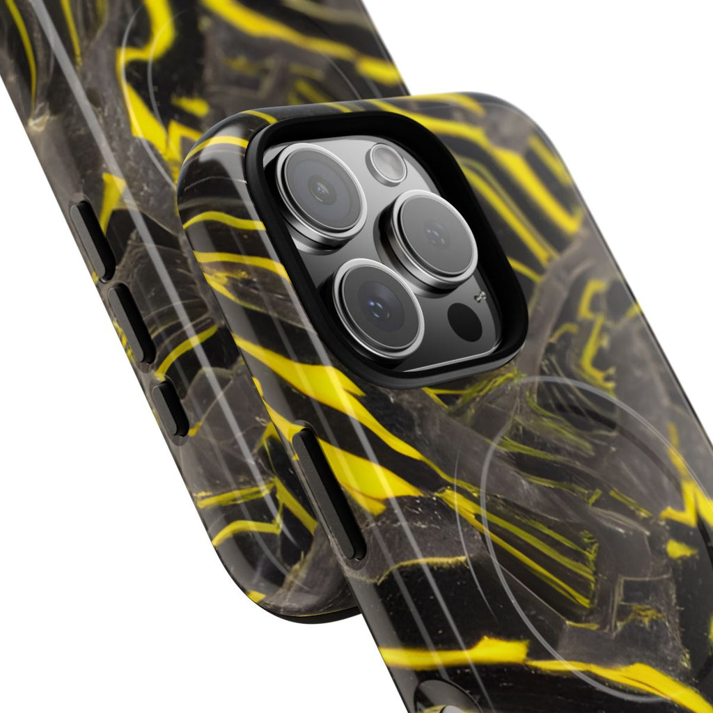 Black & Yellow Marble MagSafe-compatible tough case on iPhone 16 Pro, glossy finish (close-up)