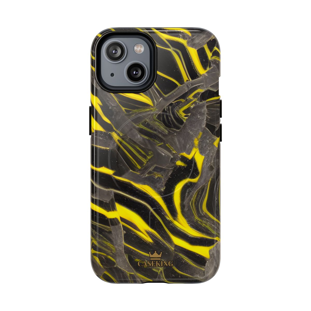 Black & Yellow Marble MagSafe-compatible tough case on iPhone 14, glossy finish