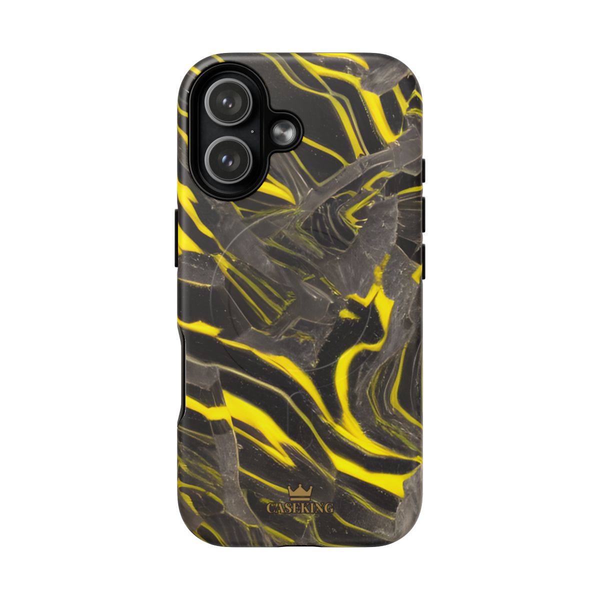 Black & Yellow Marble MagSafe-compatible tough case on iPhone 17, matte finish