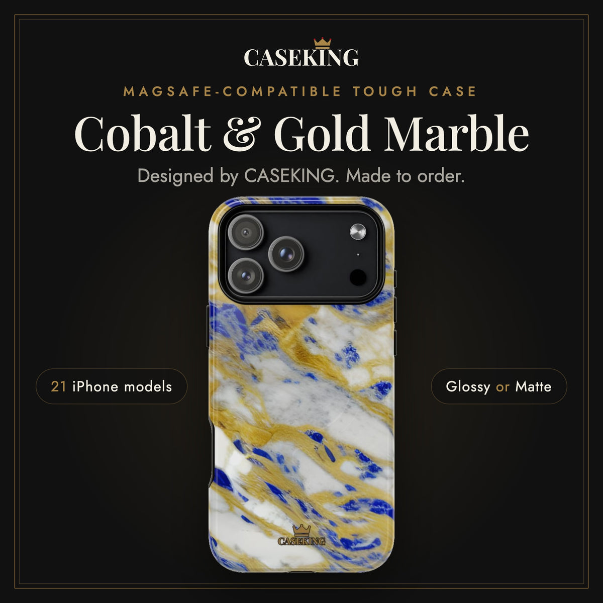 Cobalt & Gold Marble MagSafe-compatible tough case infographic 1: Hero