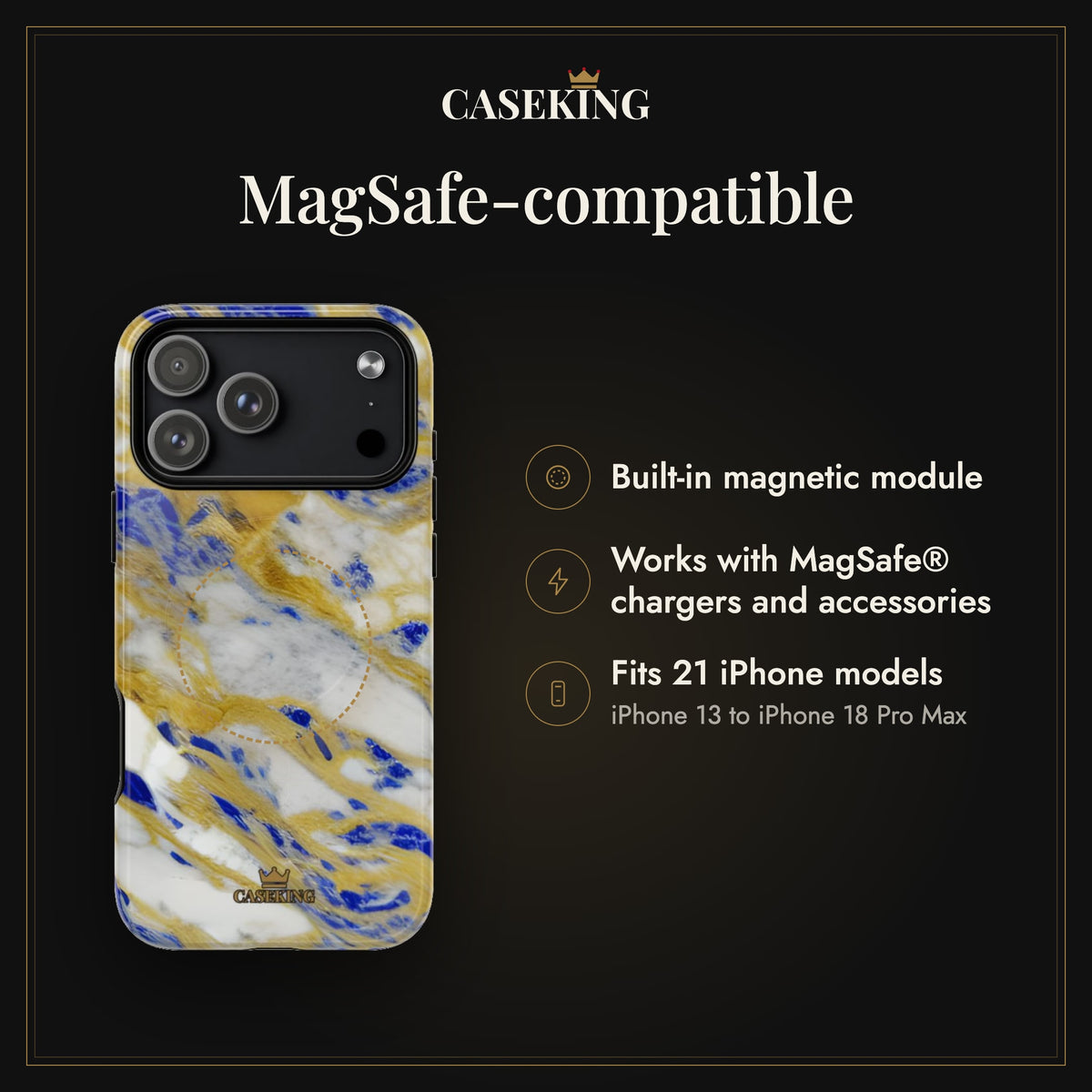 Cobalt & Gold Marble MagSafe-compatible tough case infographic 2: MagSafe-compatible