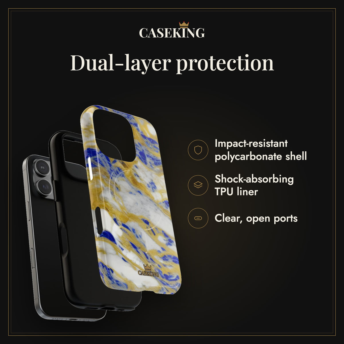 Cobalt & Gold Marble MagSafe-compatible tough case infographic 3: Dual-layer protection