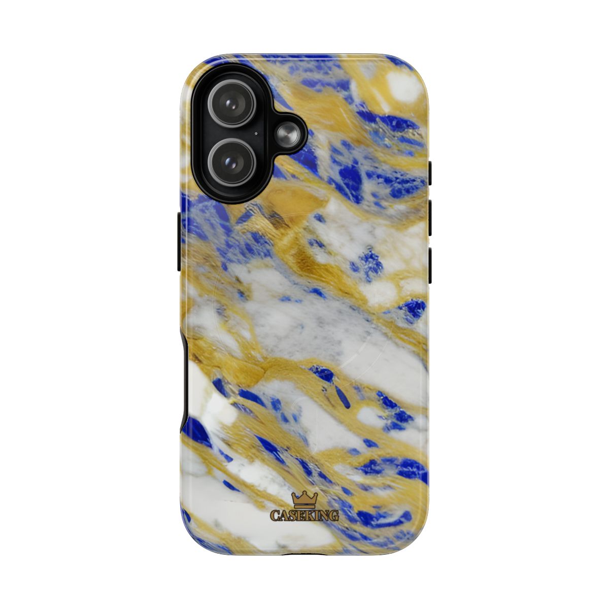 Cobalt & Gold Marble MagSafe-compatible tough case on iPhone 17, glossy finish