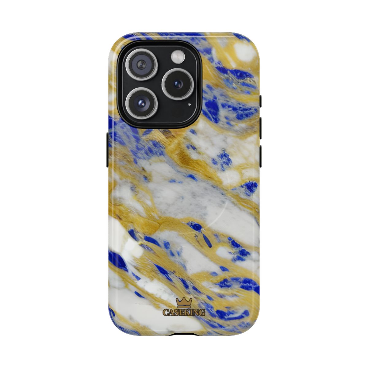 Cobalt & Gold Marble MagSafe-compatible tough case on iPhone 15 Pro, glossy finish