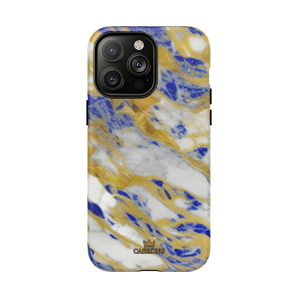 Cobalt & Gold Marble MagSafe-compatible tough case on iPhone 14 Pro Max, matte finish