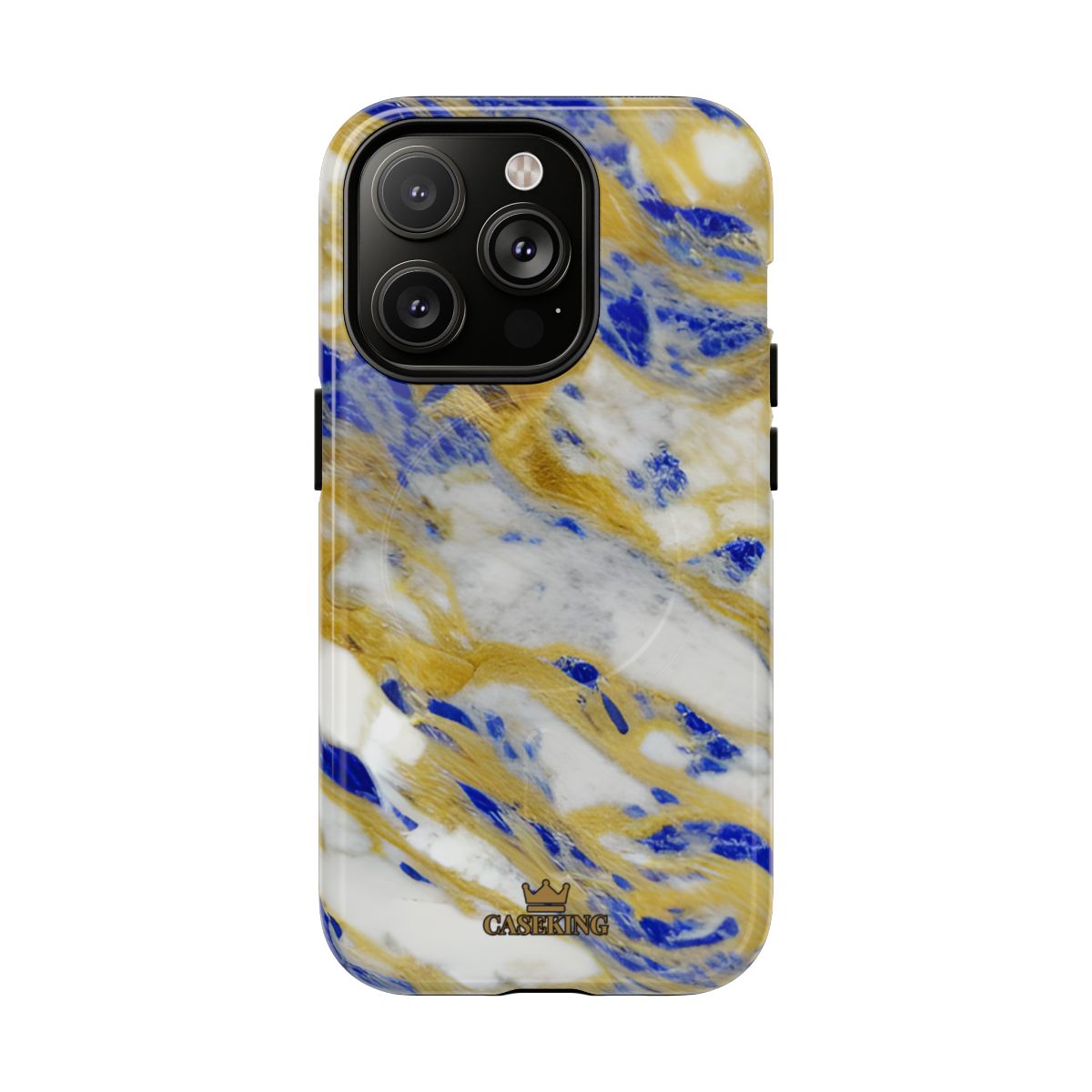 Cobalt & Gold Marble MagSafe-compatible tough case on iPhone 14 Pro, glossy finish