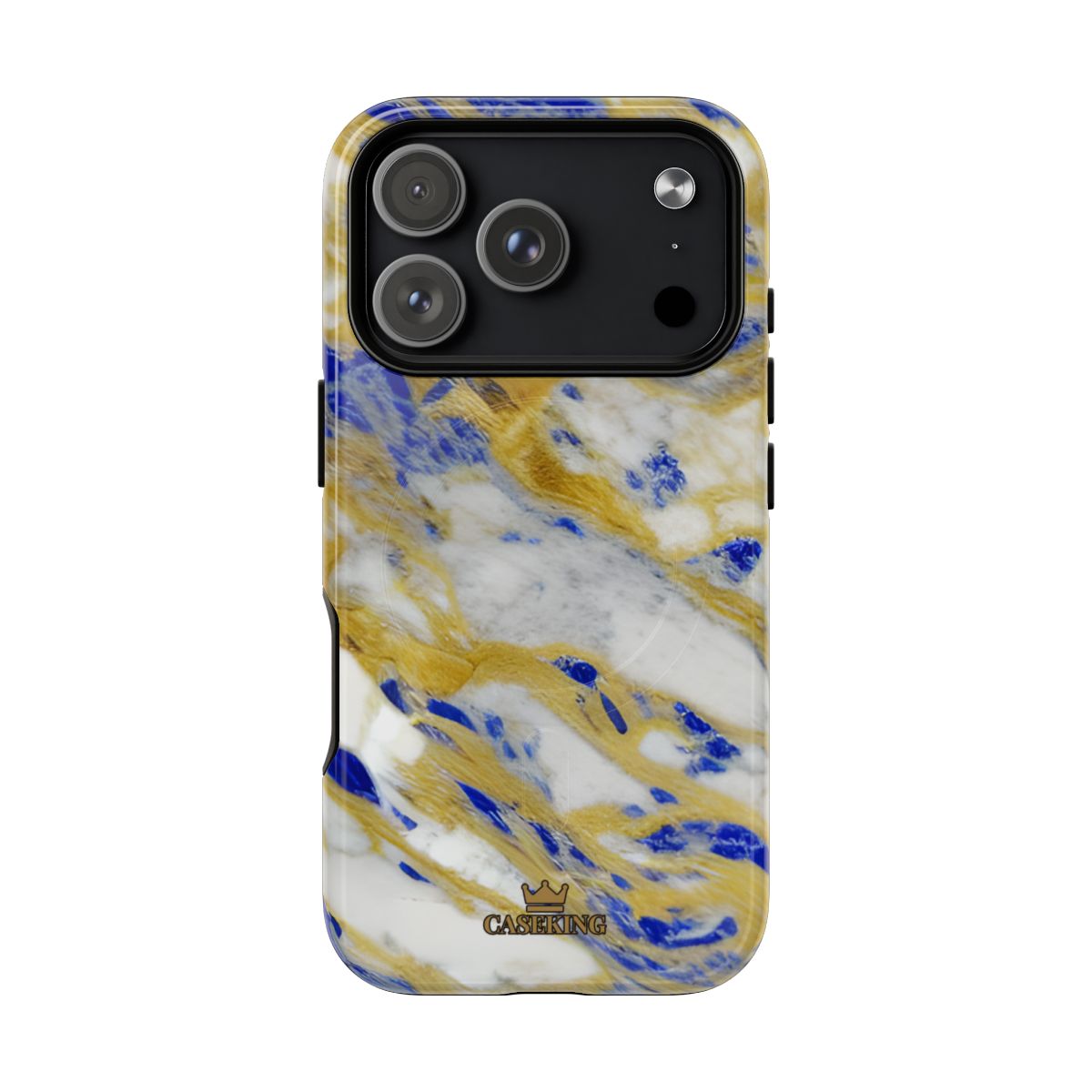 Cobalt & Gold Marble MagSafe-compatible tough case on iPhone 18 Pro, glossy finish