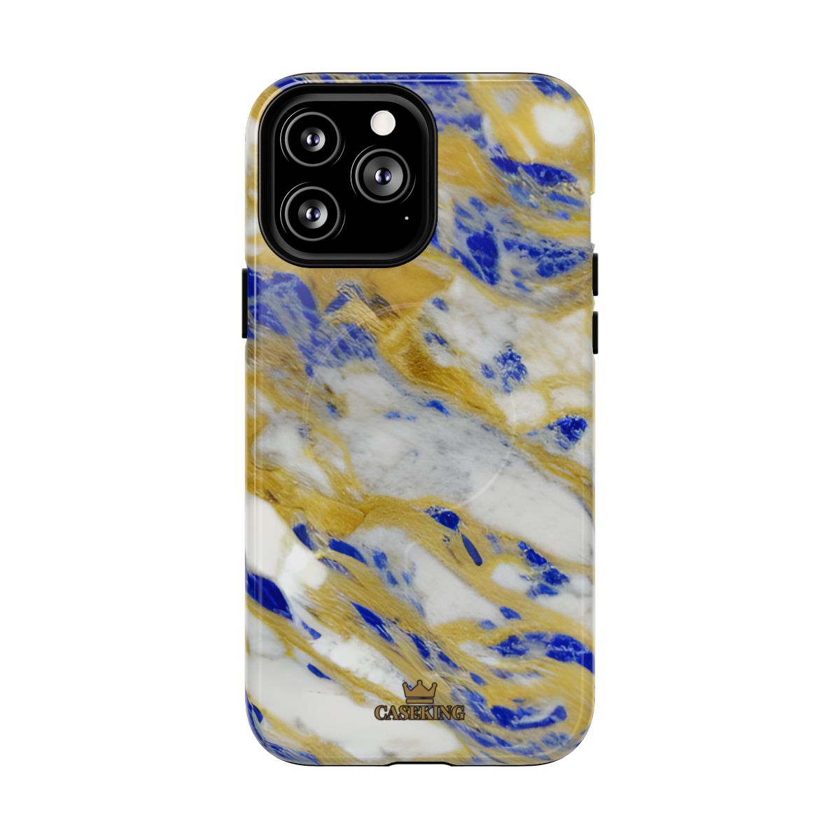 Cobalt & Gold Marble MagSafe-compatible tough case on iPhone 13 Pro Max, glossy finish