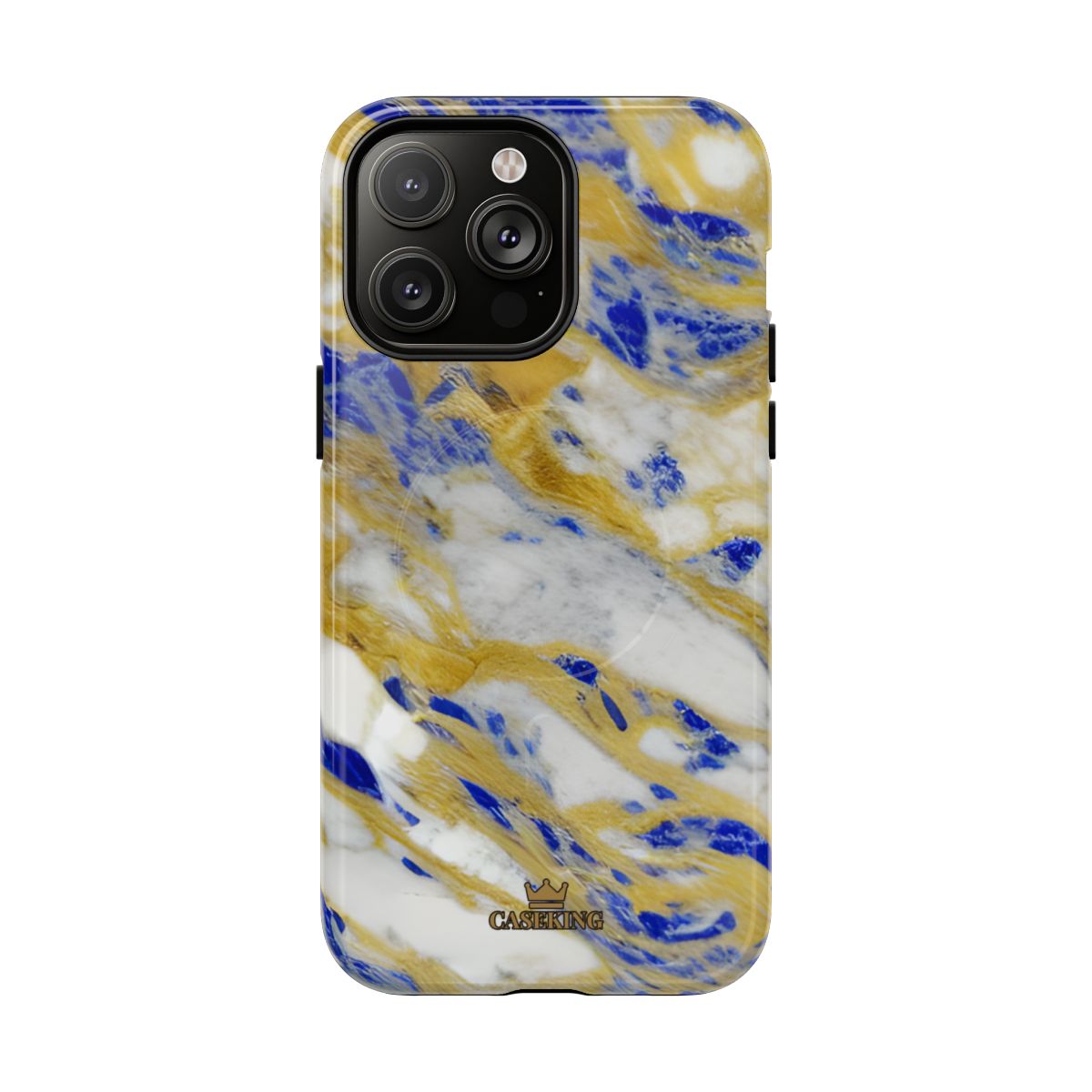 Cobalt & Gold Marble MagSafe-compatible tough case on iPhone 14 Pro Max, glossy finish