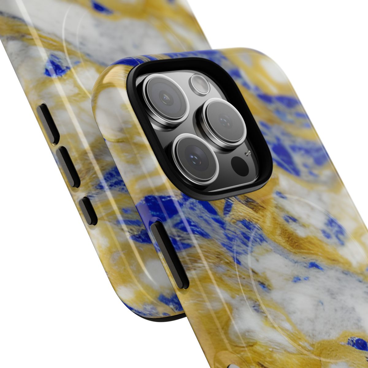 Cobalt & Gold Marble MagSafe-compatible tough case on iPhone 16 Pro, glossy finish (close-up)