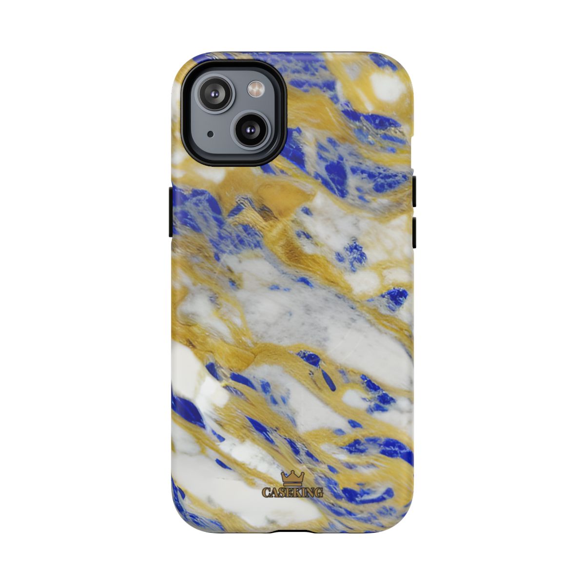 Cobalt & Gold Marble MagSafe-compatible tough case on iPhone 14 Plus, matte finish