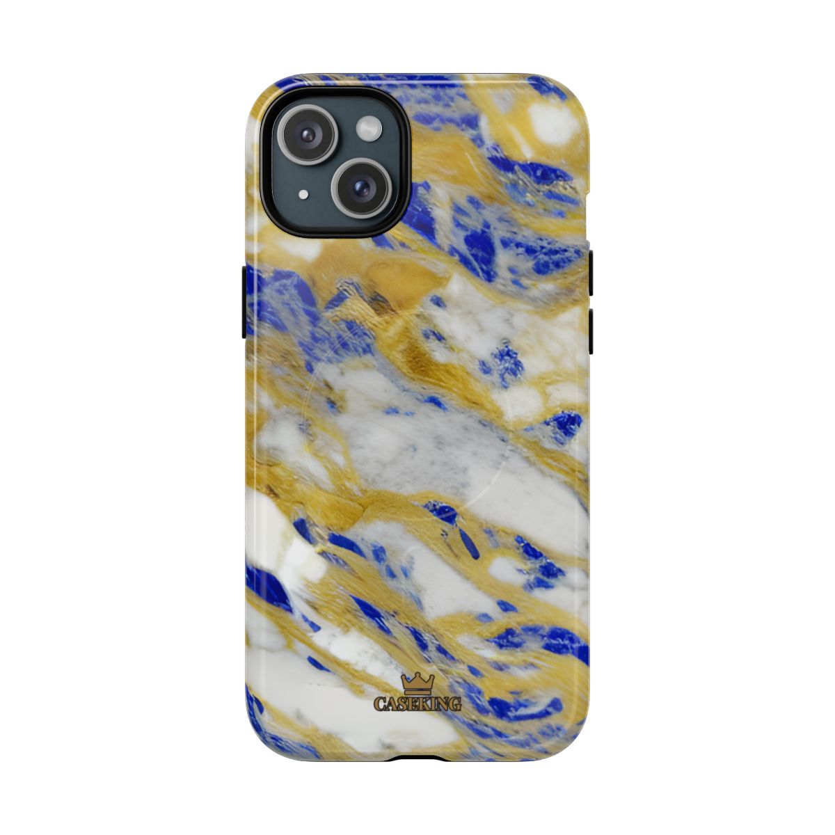 Cobalt & Gold Marble MagSafe-compatible tough case on iPhone 15 Plus, glossy finish