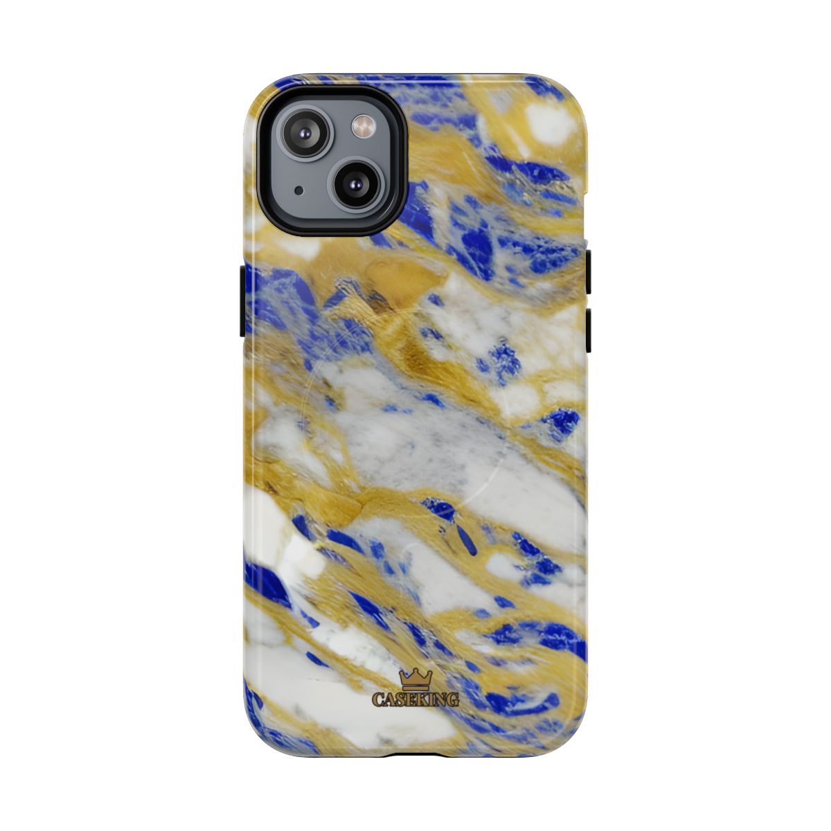 Cobalt & Gold Marble MagSafe-compatible tough case on iPhone 14 Plus, glossy finish