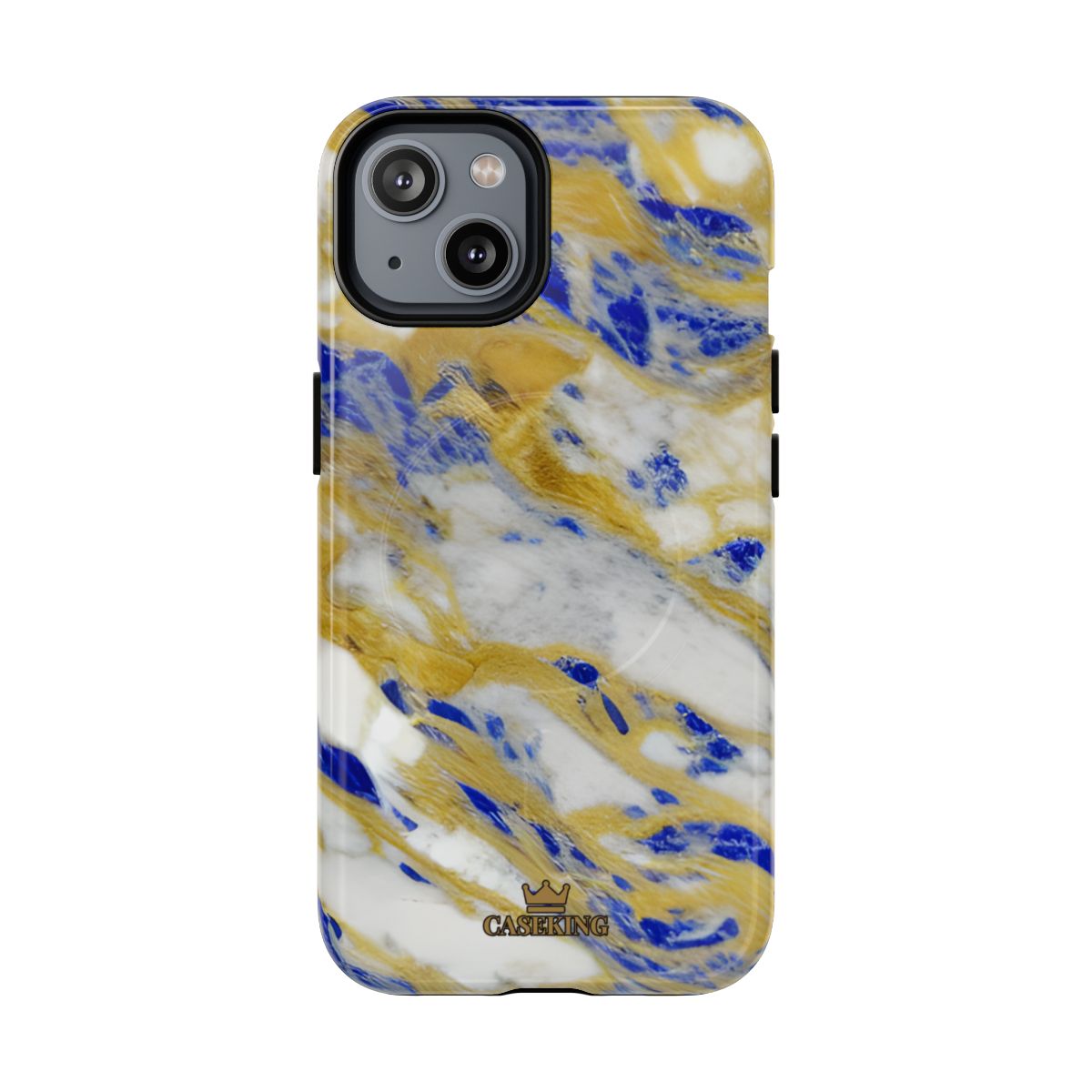 Cobalt & Gold Marble MagSafe-compatible tough case on iPhone 14, glossy finish