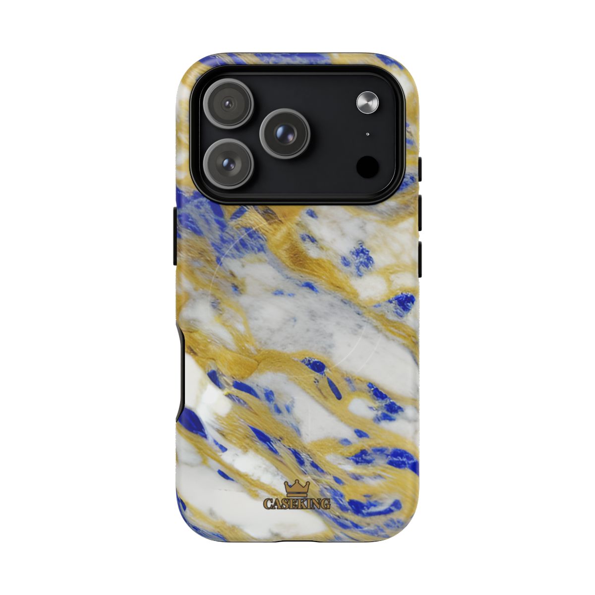Cobalt & Gold Marble MagSafe-compatible tough case on iPhone 18 Pro, matte finish