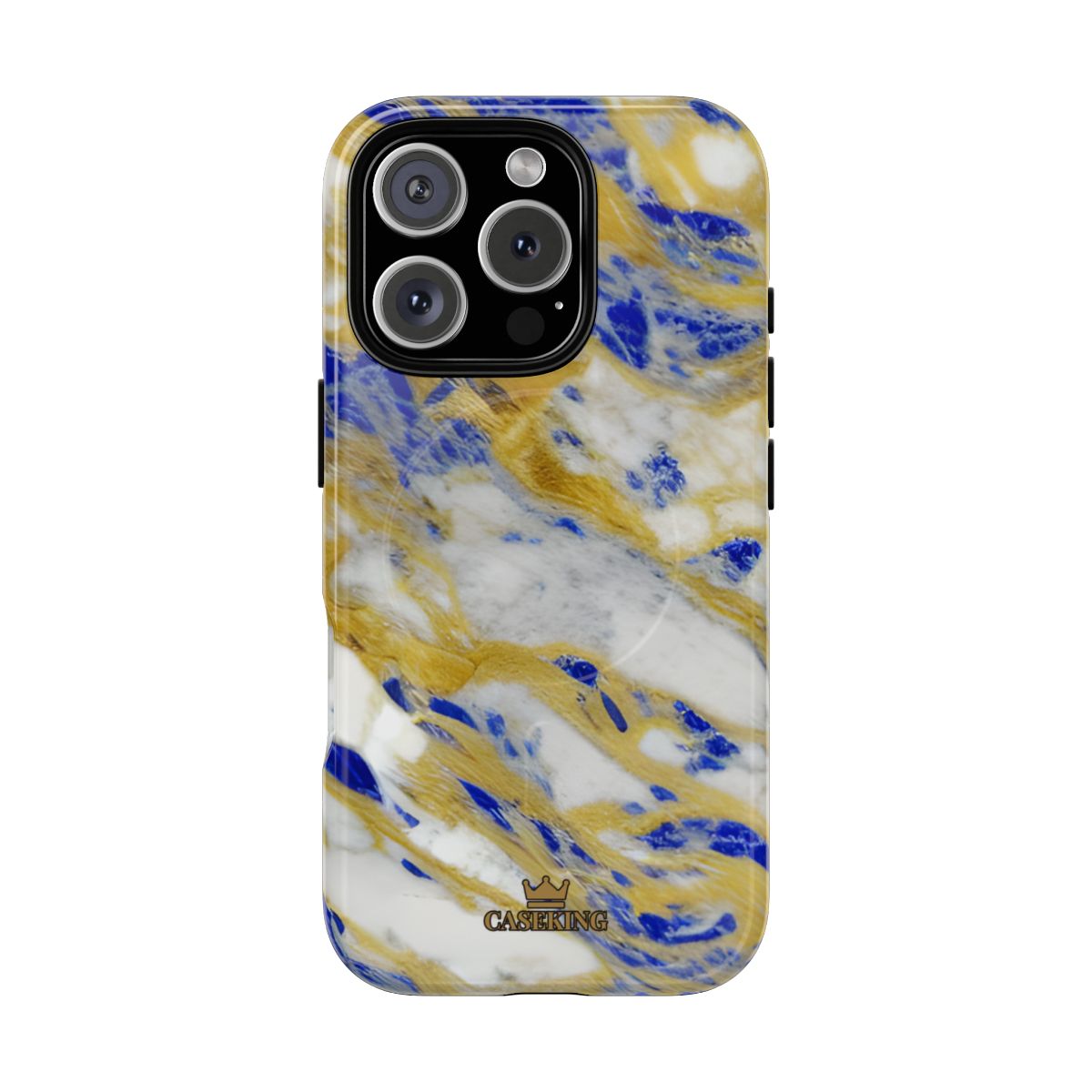 Cobalt & Gold Marble MagSafe-compatible tough case on iPhone 16 Pro, glossy finish