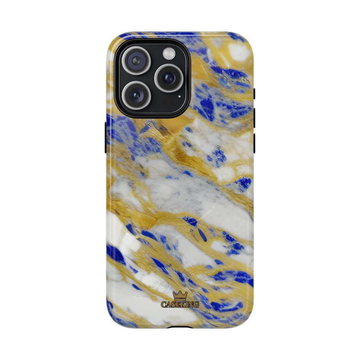 Cobalt & Gold Marble MagSafe-compatible tough case on iPhone 15 Pro Max, glossy finish